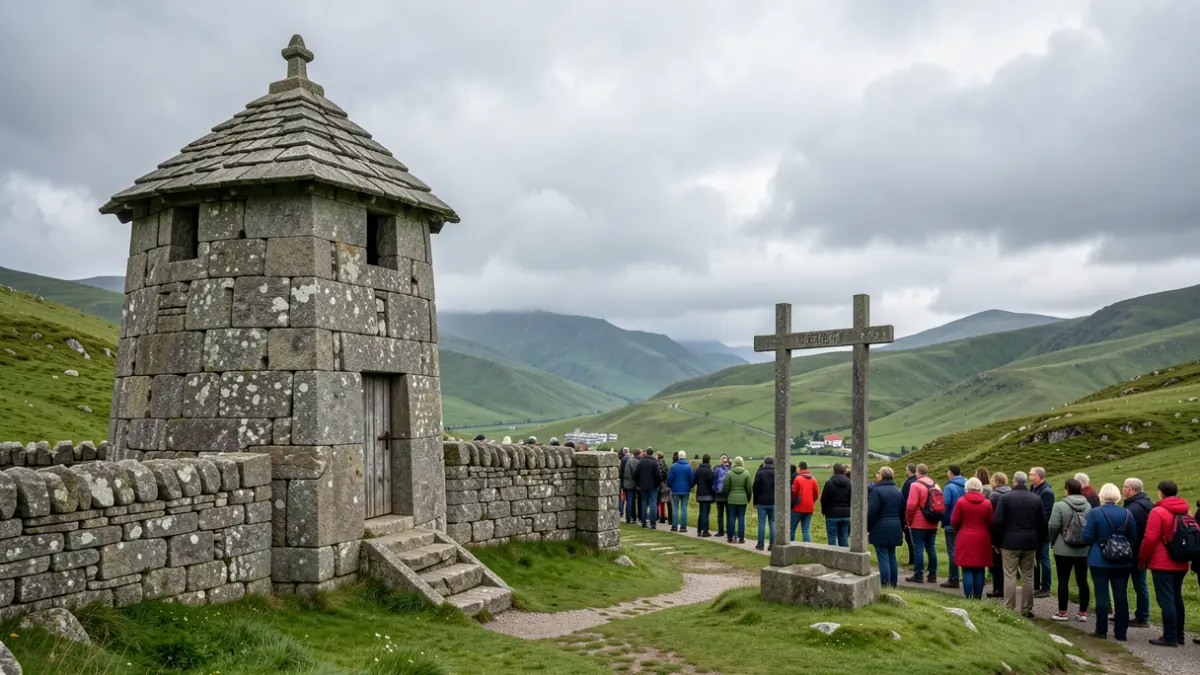 Imagen genérica de arquitectura tradicional gallega con hórreo y cruceiro bajo cielo nublado.