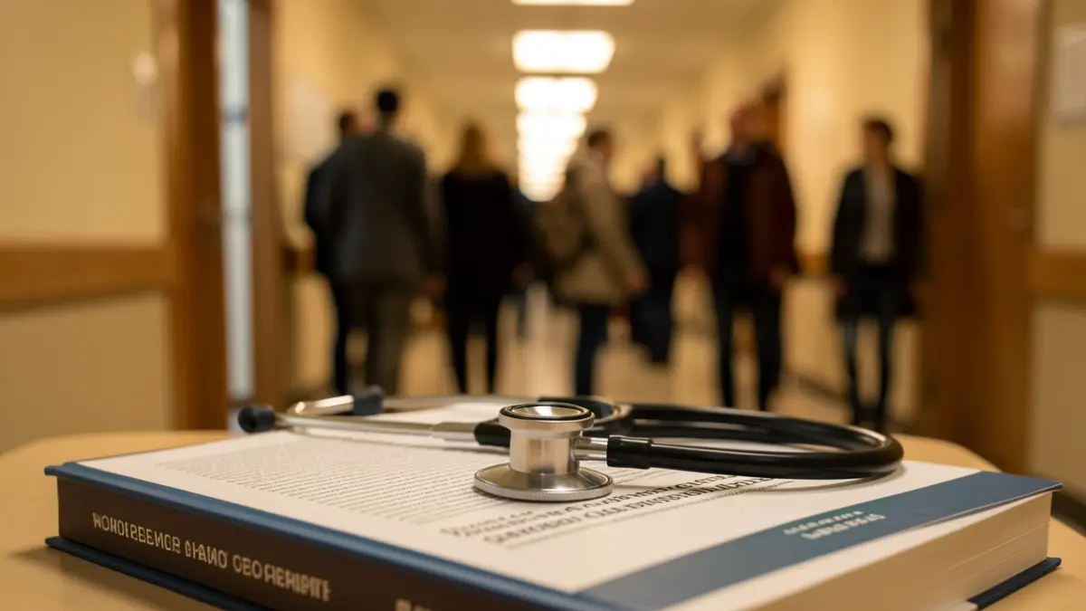 Imaxe xenérica dun estetoscopio sobre un libro de medicina.