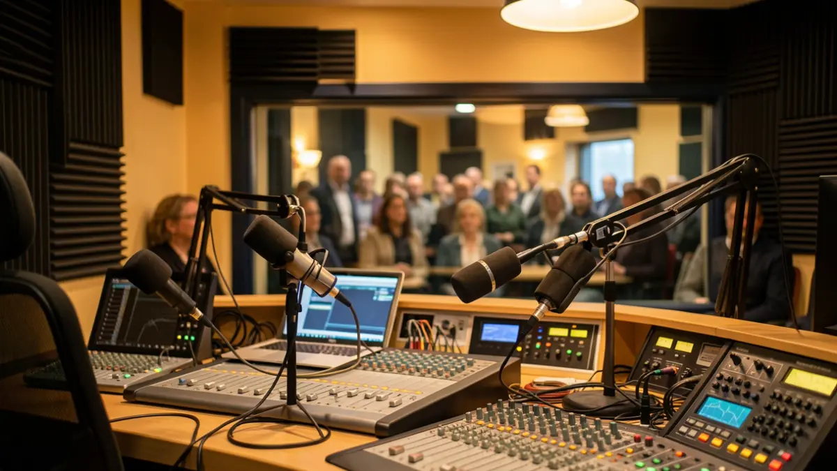 Imagen genérica de un estudio de radio con micrófonos.