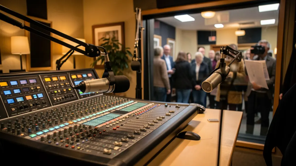 Imaxe xenérica dun estudio de radio con micrófonos e equipo de son.