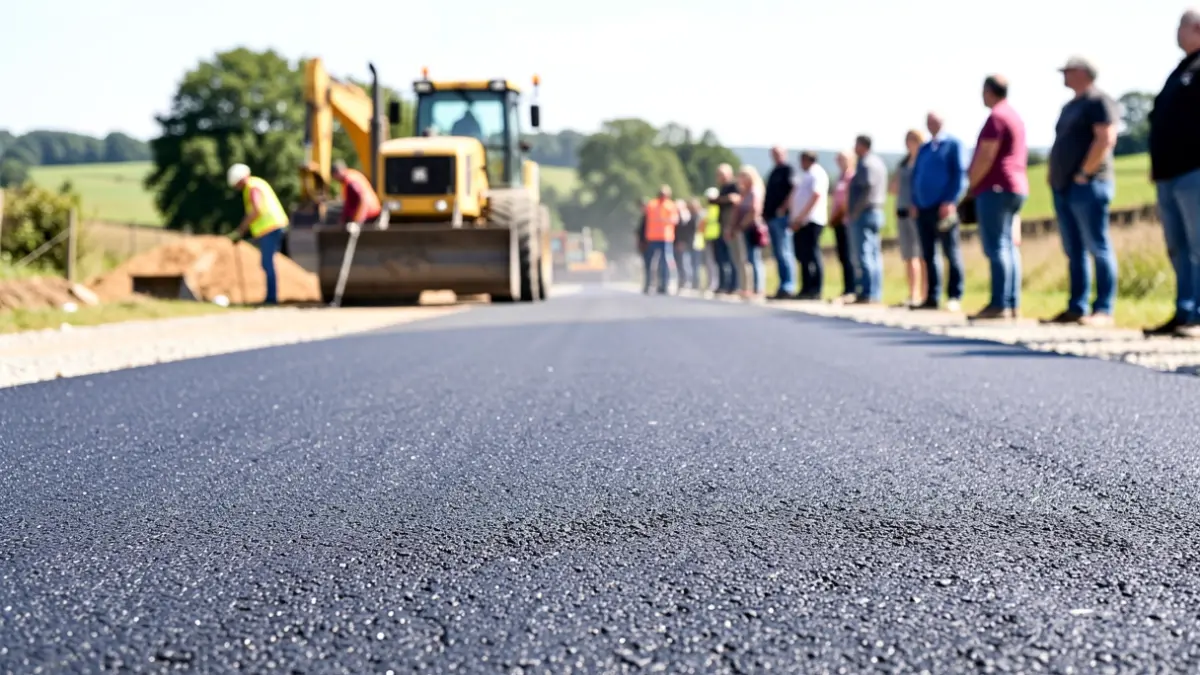 Imaxe xenérica de obras de pavimentación nunha estrada rural galega.
