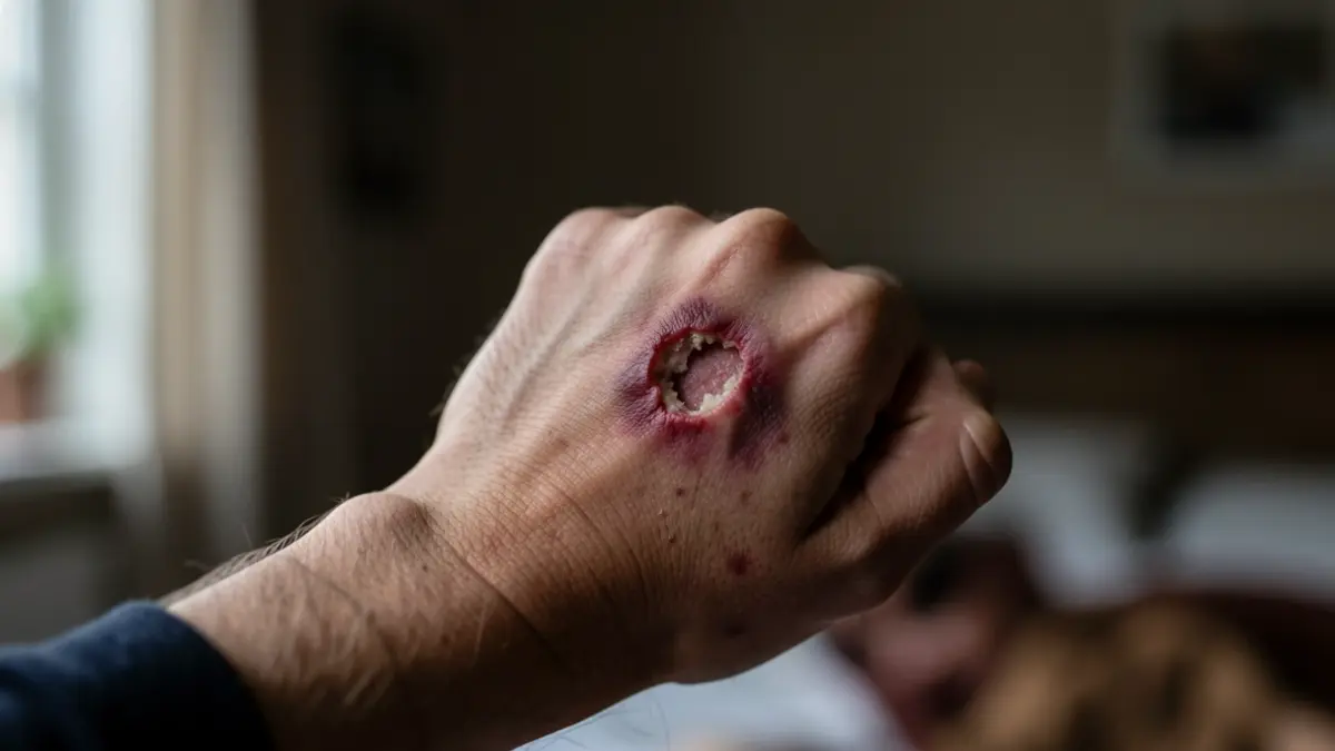Imagen principal de una mano con marcas de mordedura y contusiones.