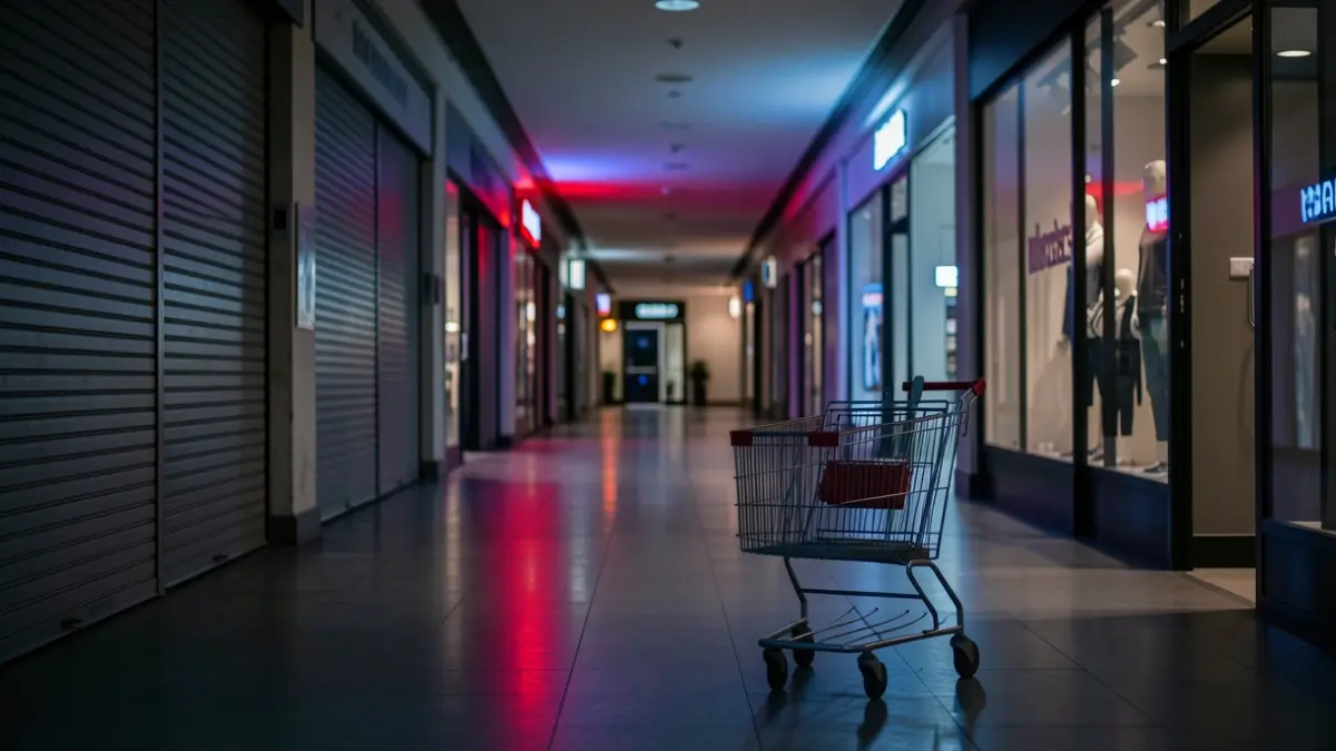 Imaxe xenérica dun corredor de centro comercial con pouca luz e un carriño de compras.