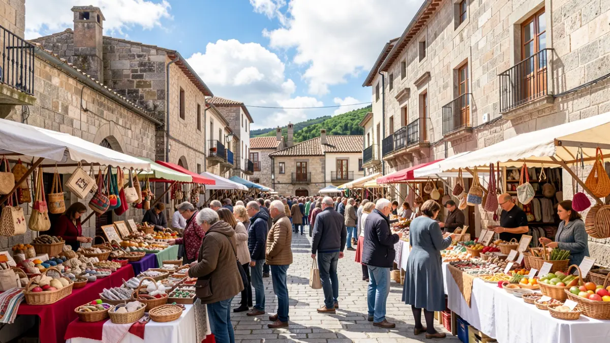 Imagen genérica de un mercado artesano en una plaza histórica gallega con puestos de artesanía y gente.