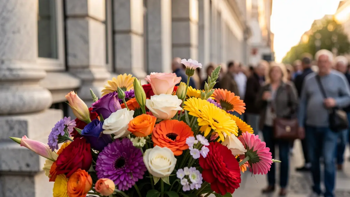 Imagen genérica de un ramo de flores frente a un edificio de granito.