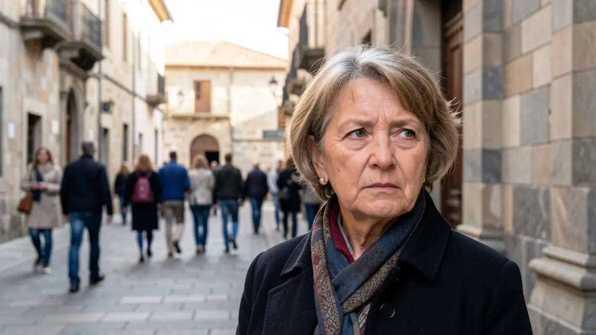 Imagen de una mujer de mediana edad en una calle histórica de Santiago.