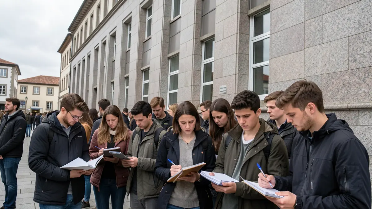 Imaxe xenérica de aspirantes a docentes diante dun edificio institucional en Galicia.