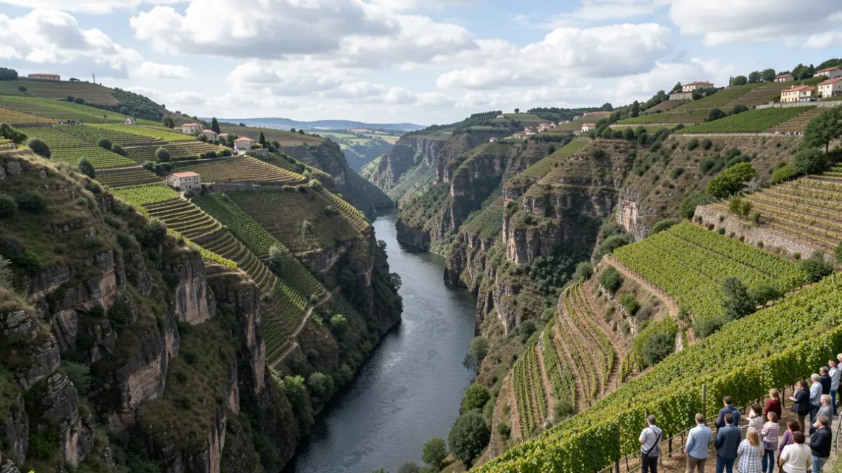Imagen panorámica de un profundo cañón fluvial con laderas escarpadas cubiertas de viñedos, típico de la Ribeira Sacra.