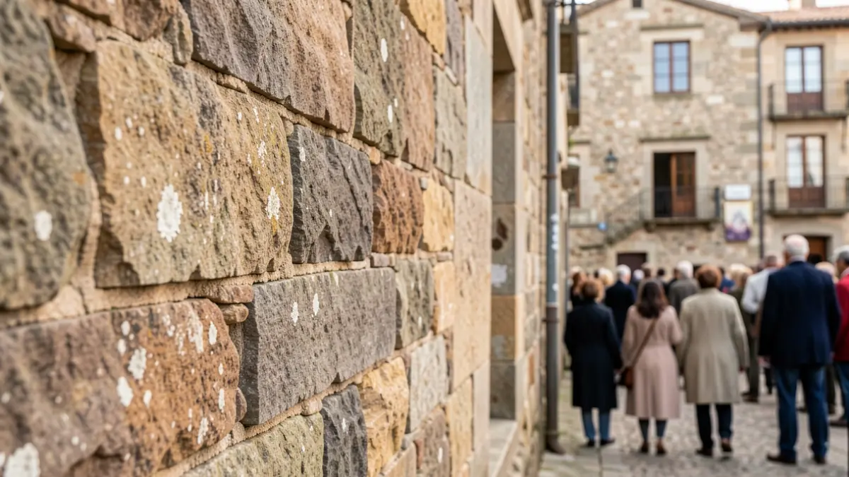 Imaxe dunha parede de pedra antiga nun edificio histórico da Coruña.