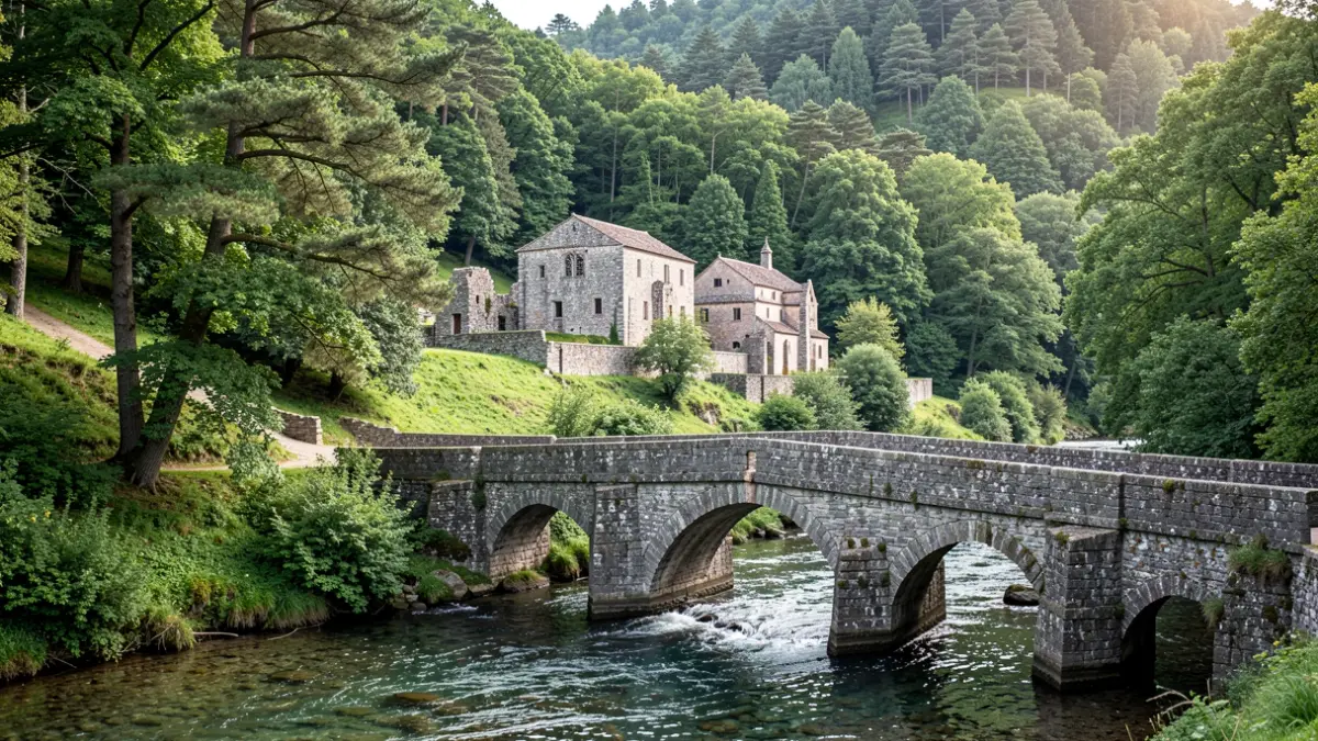 Imaxe xenérica dun mosteiro antigo en Galicia rodeado de natureza.
