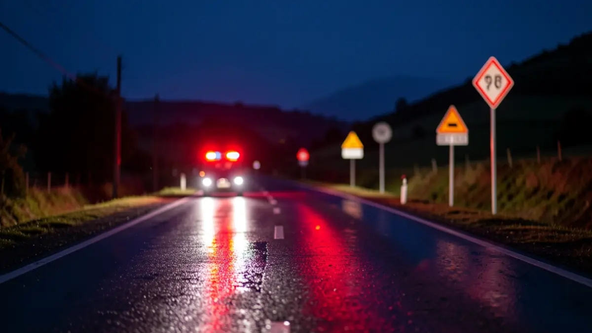Luces de emergencia reflejadas en el asfalto tras un accidente en la carretera.