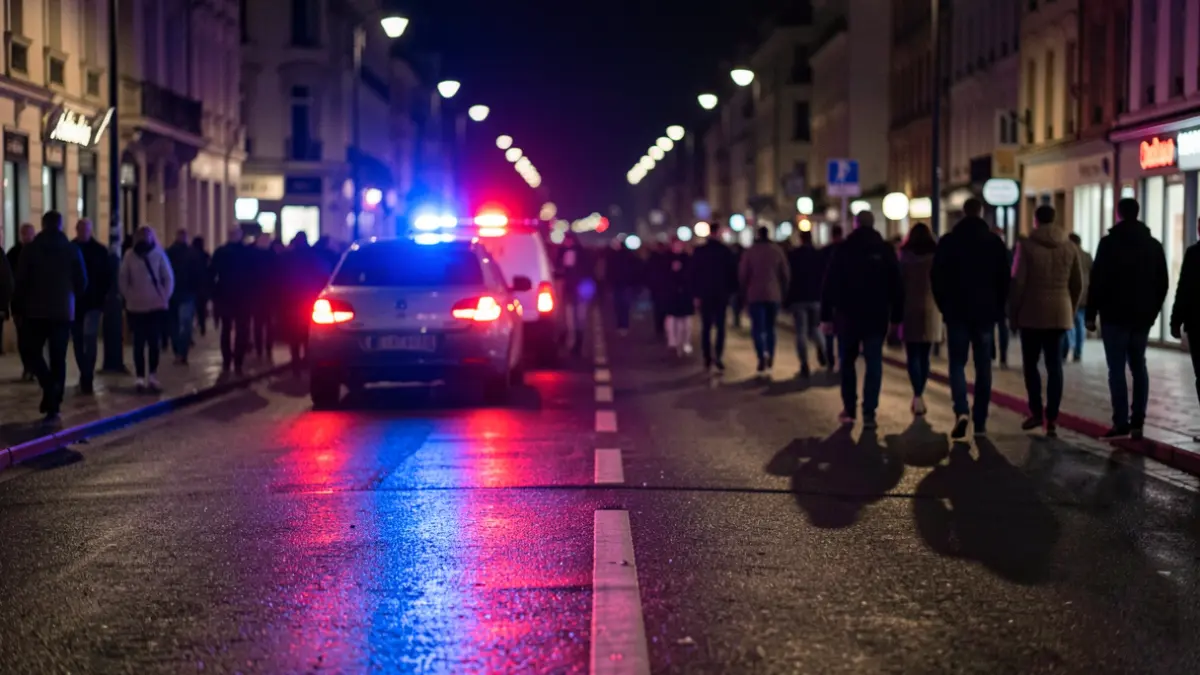 Imagen genérica de luces de emergencia azules y rojas reflejando en una carretera mojada por la noche.