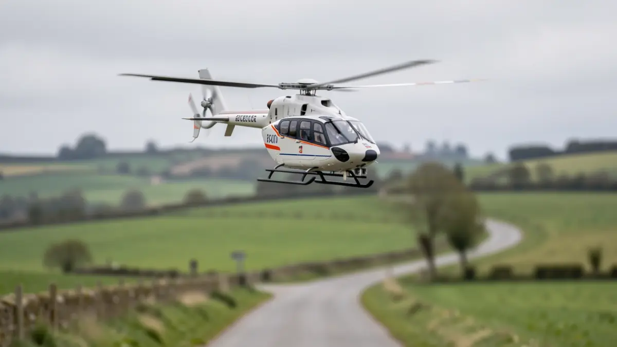 Imagen genérica de un helicóptero medicalizado sobrevolando un paisaje rural gallego.