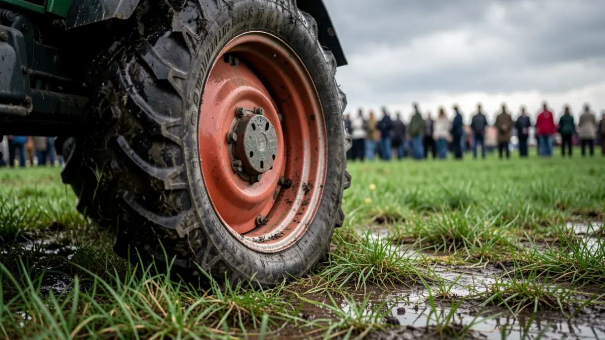 Imagen genérica de un tractor en un campo con hierba mojada y cielo nublado.