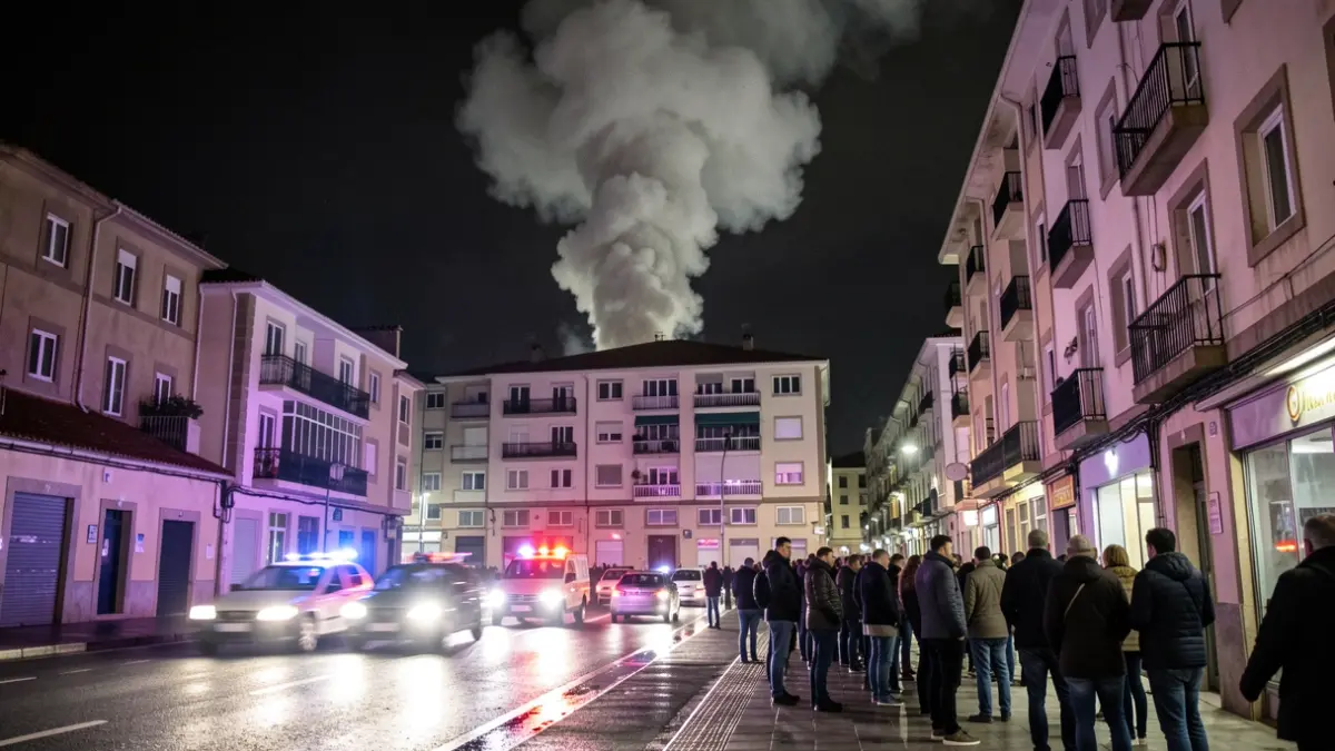 Imagen genérica de humo saliendo de un edificio con luces de emergencia.