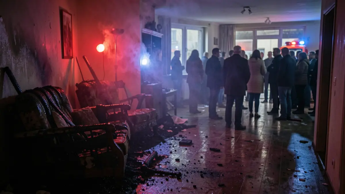 Imaxe dun interior dunha vivenda con fume e restos dun incendio.
