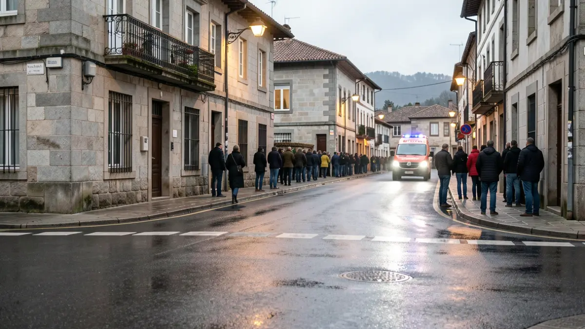 Imagen genérica de una calle gallega mojada con luces de emergencia.