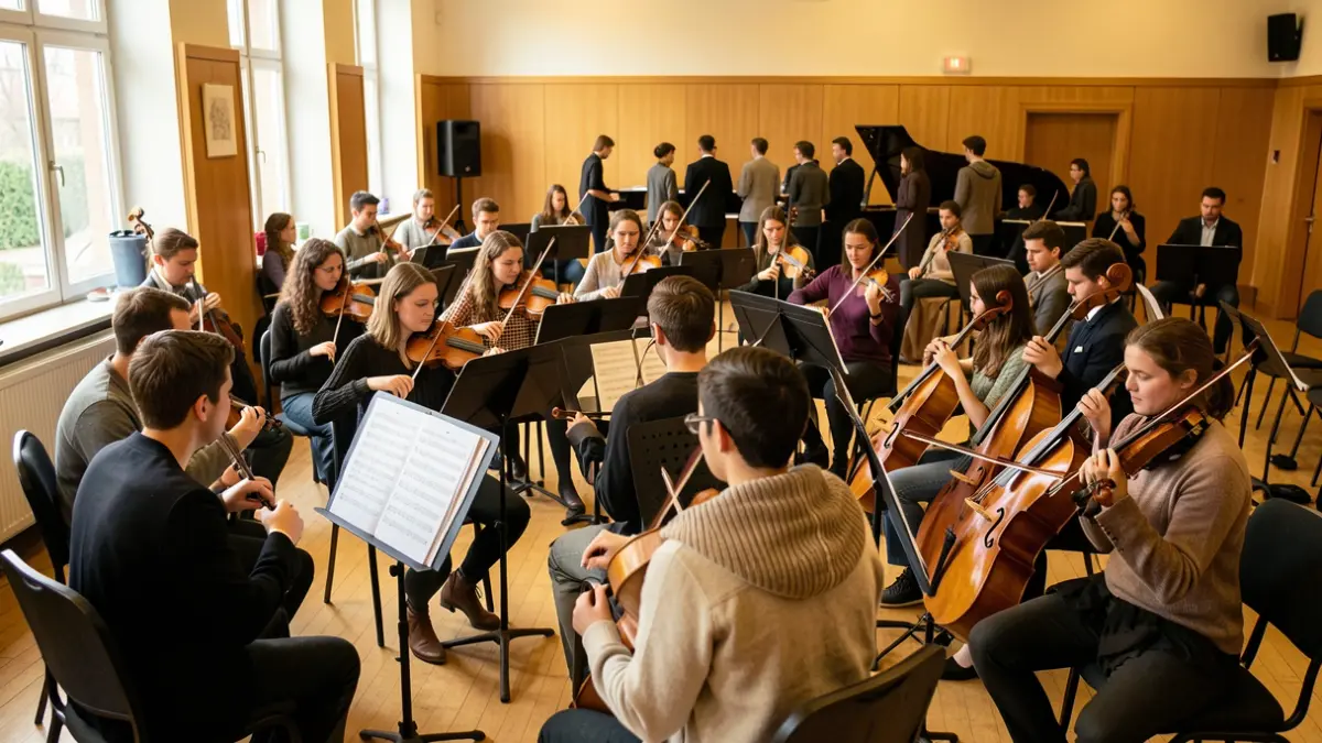 Imaxe xenérica dunha orquestra universitaria en ensaio.