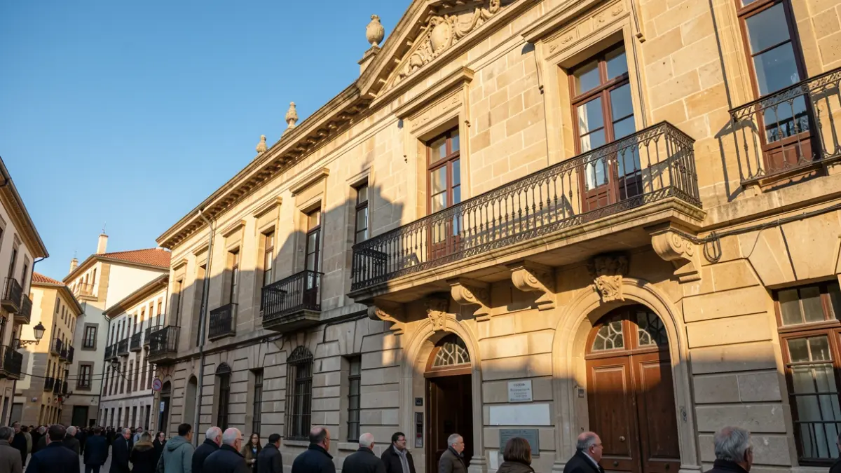 Imaxe xenérica dun concello galego de pedra con balcón ornamentado.