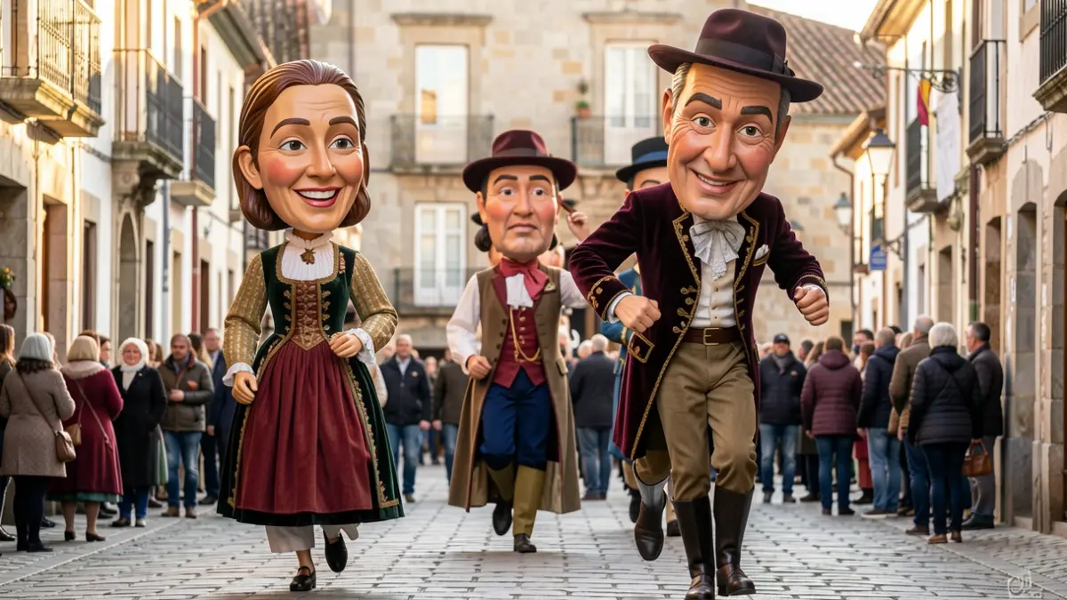 Imaxe dun desfile de xigantes e cabezudos polas rúas dunha localidade galega.