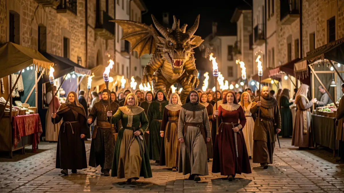 Imagen de un desfile de fachos y un dragón en una calle de Negreira por la noche.