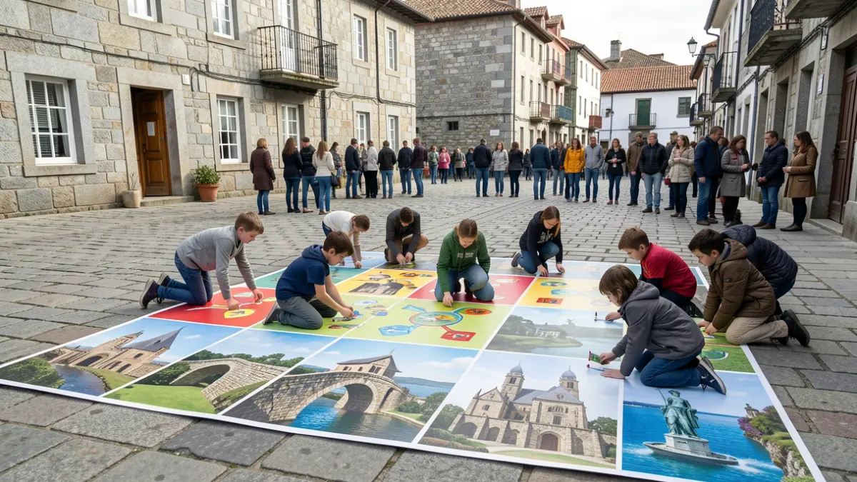 Imagen de un gran juego de mesa gigante instalado en las calles de Padrón, con niños y adolescentes jugando e interactuando con los elementos del juego.