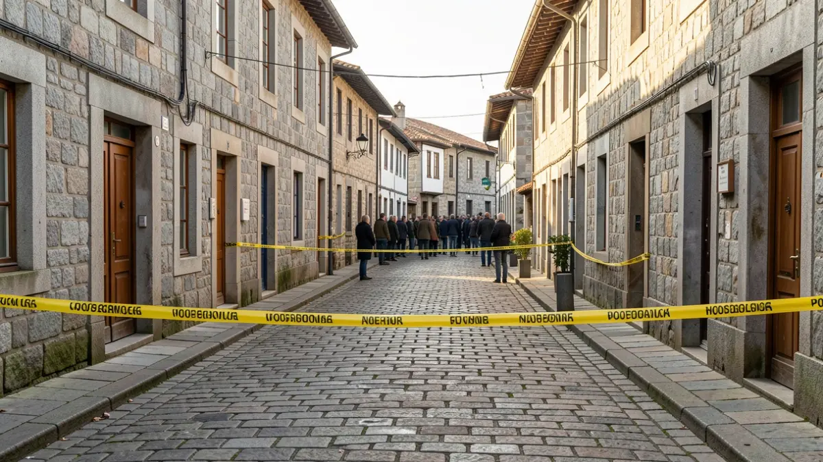 Calle de un pueblo gallego con construcciones de piedra, iluminada por la luz de la tarde y cortada con cinta policial por una grabación.