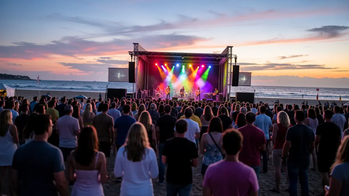 Imaxe xenérica dun festival de música ao aire libre ao anoitecer, con xente gozando dun concerto e luces coloridas.