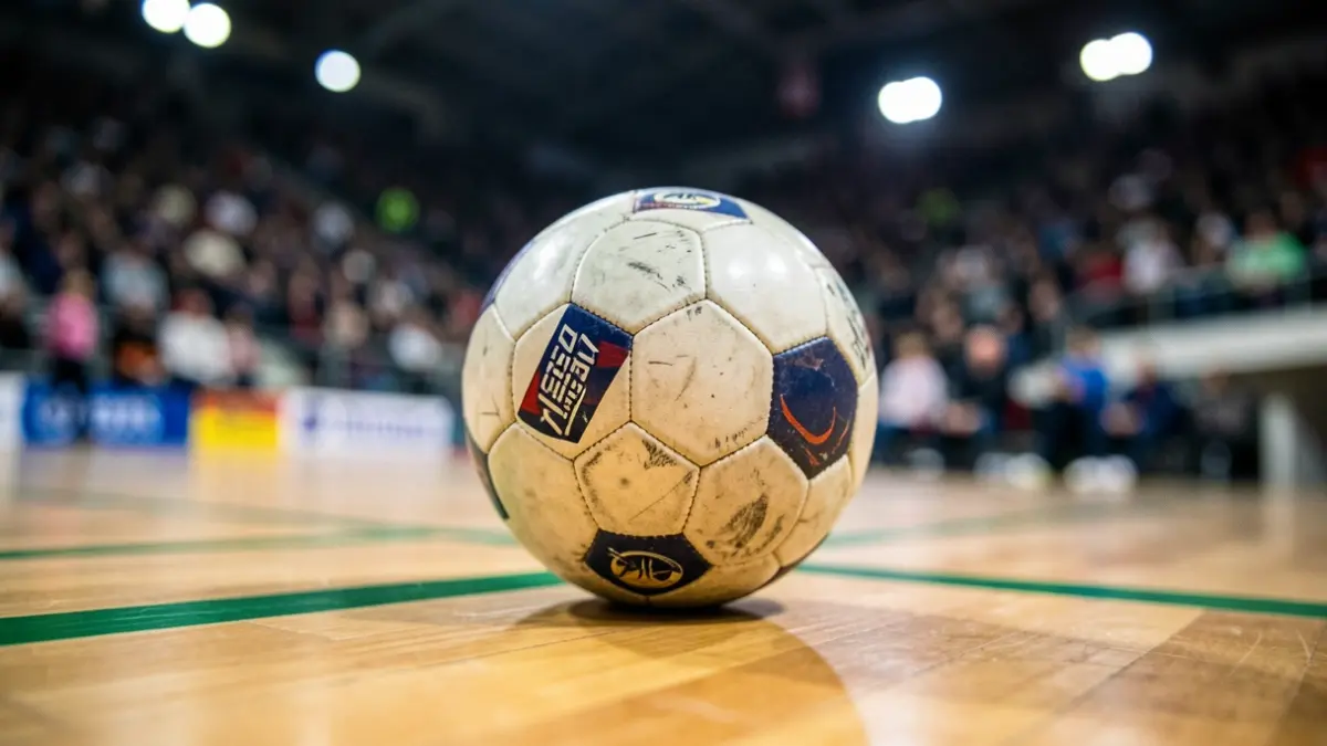Imaxe xenérica dun balón de fútbol sala nunha cancha de madeira.