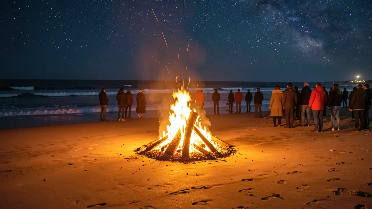 Imaxe xenérica dunha fogueira na praia pola noite.