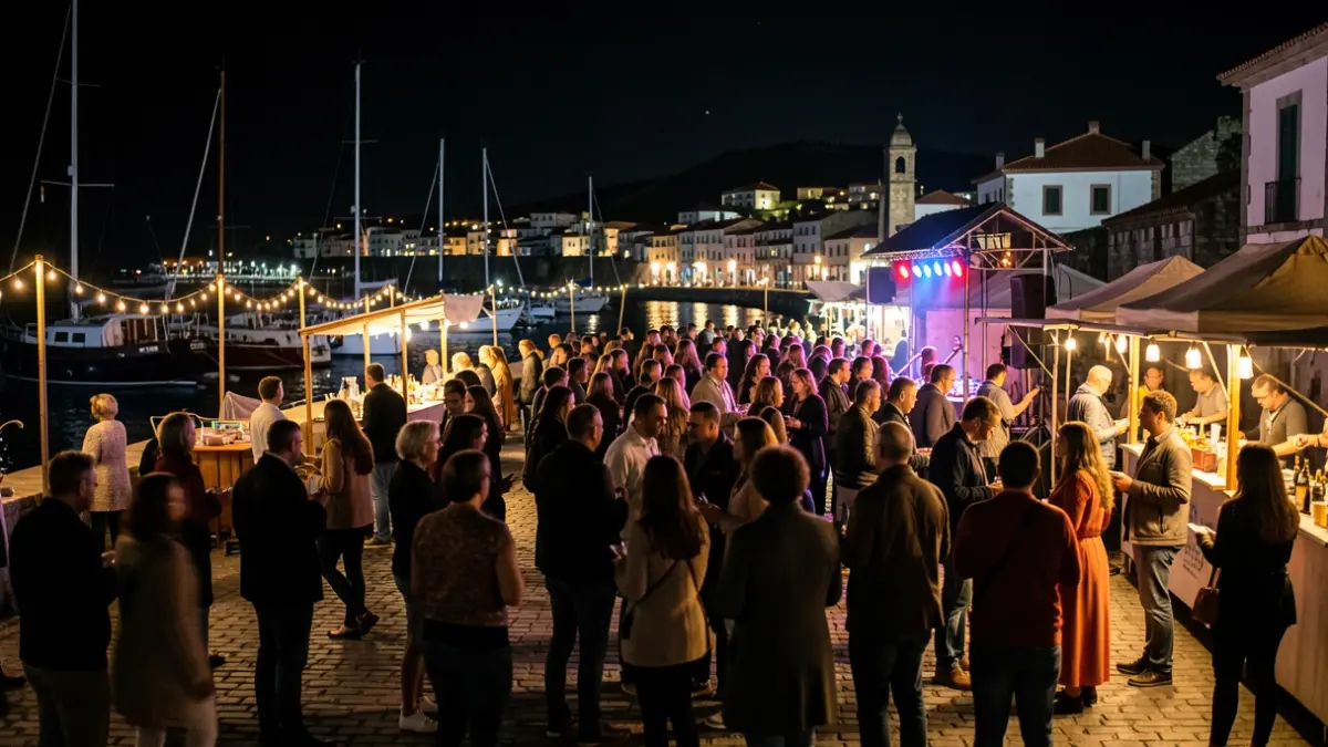 Imagen genérica de un festival de música indie nocturno en una zona portuaria con gente disfrutando de la música y puestos de comida.