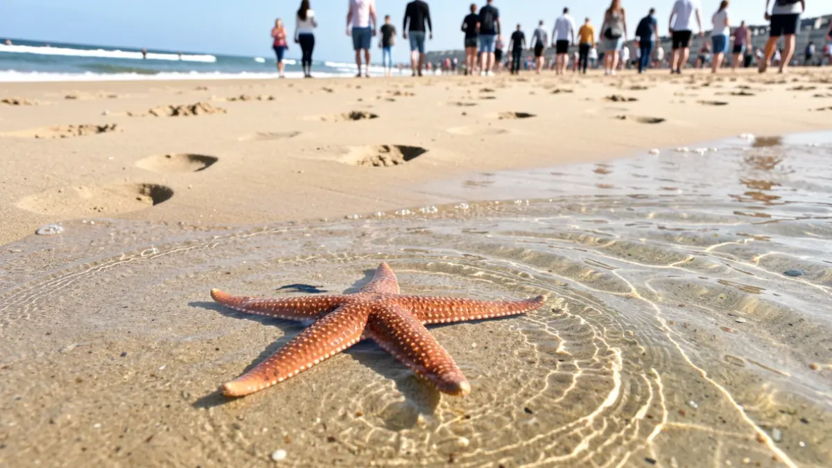 Imagen de una estrella de mar parcialmente sumergida en agua clara cerca de una playa arenosa, con huellas humanas en la arena mojada al fondo.