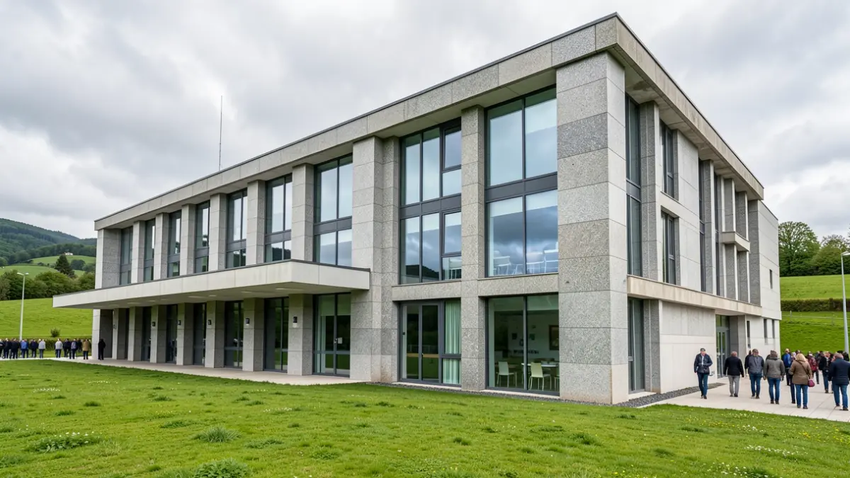 Imagen genérica de un centro de salud moderno en Galicia con detalles de granito y grandes ventanas.