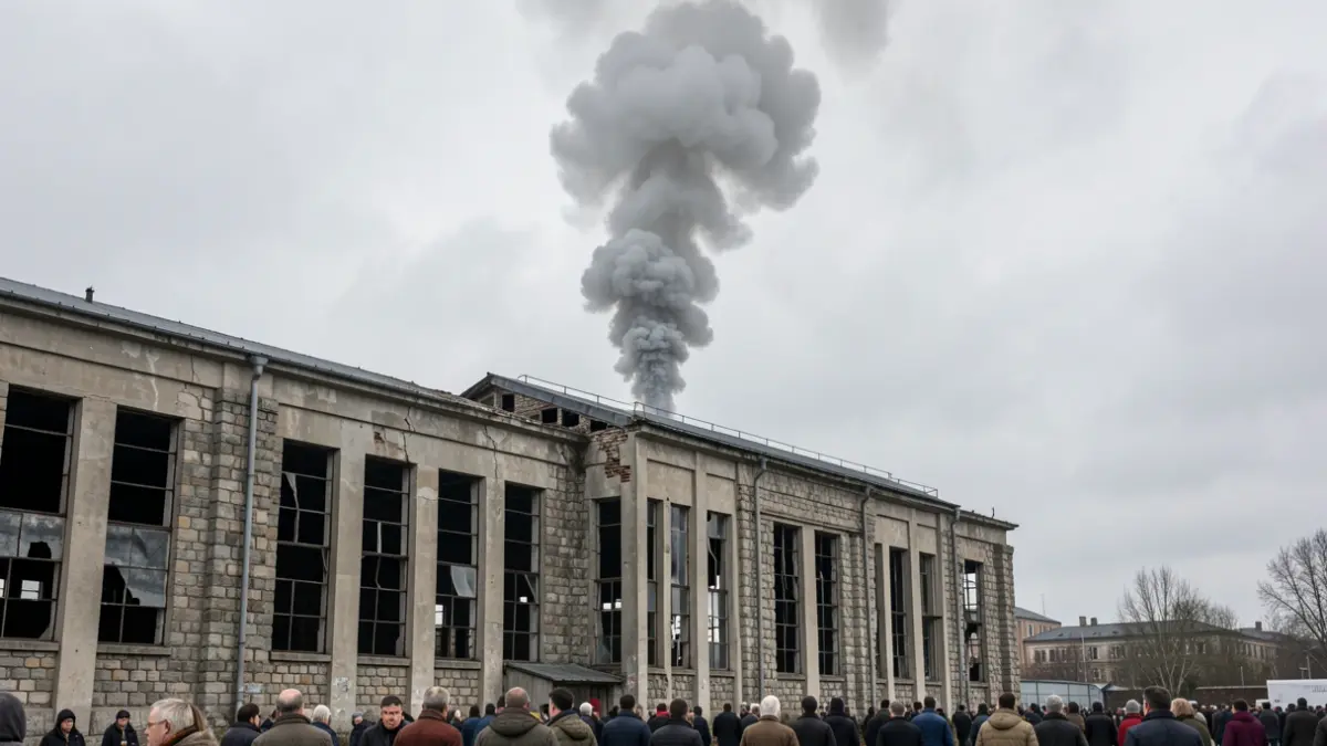 Imaxe dun edificio industrial abandonado con fume saíndo das súas instalacións.