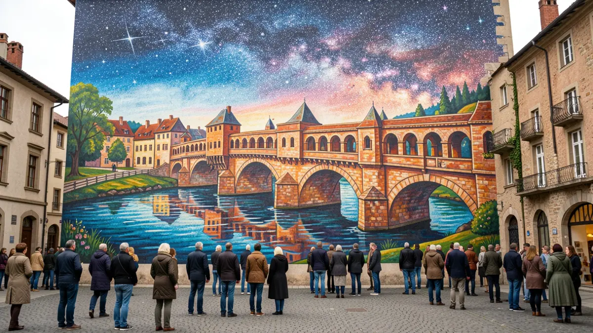 Imagen de un mural que representa un puente medieval y un cielo estrellado en Negreira.