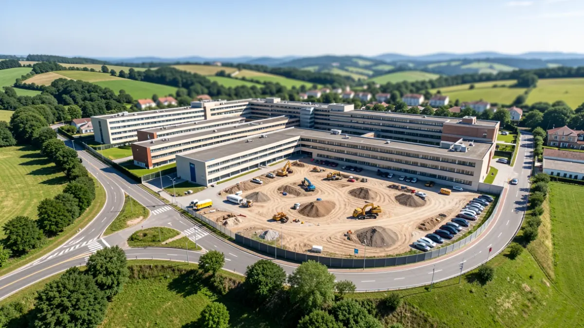 Vista aérea de un gran complejo hospitalario con zona de obras para un nuevo aparcamiento y una rotonda.