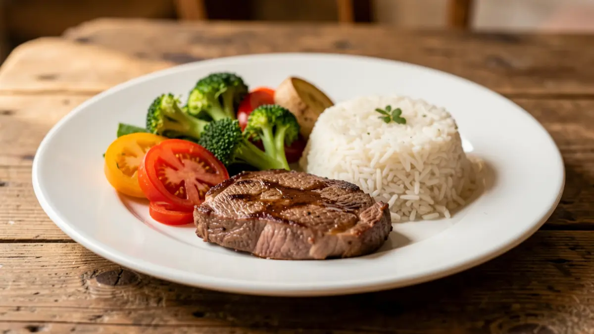 Primer plano de un plato con verduras frescas, carne magra y arroz en una mesa de madera.