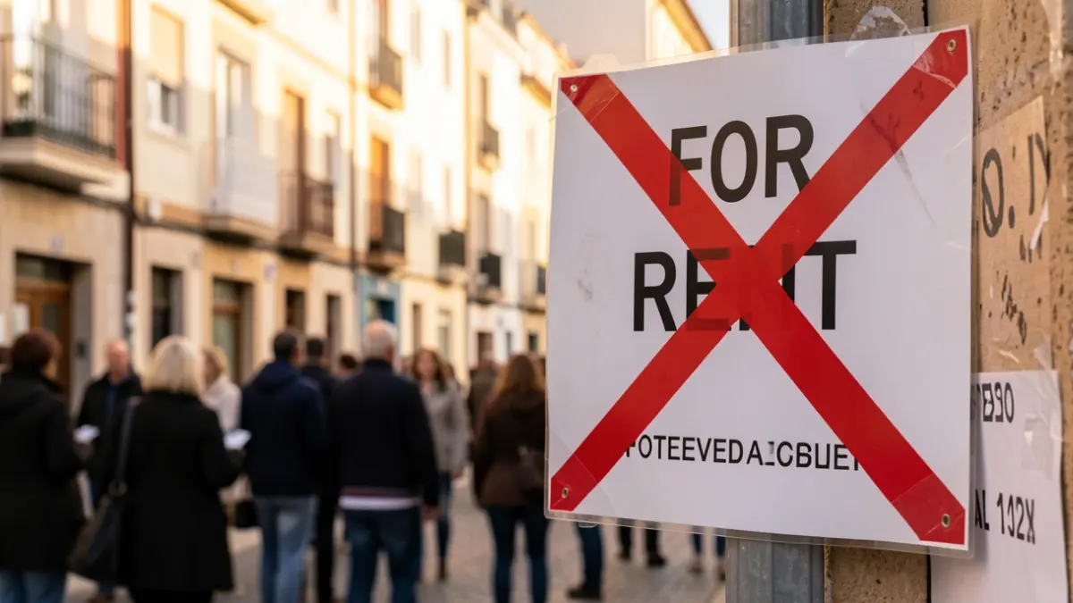 Imaxe dun cartel de 'Alúgase' tachado nun fondo de edificios de pisos en Pontevedra.