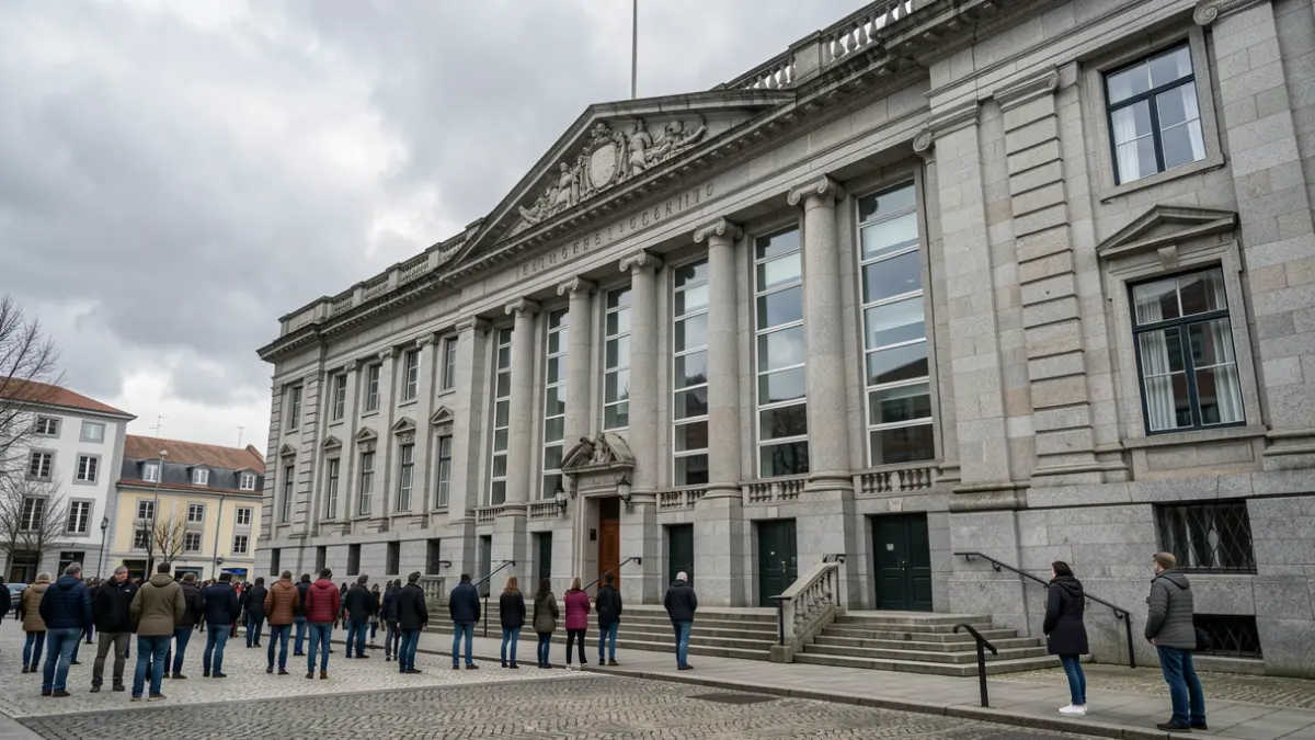 Fachada de granito dun edificio xudicial na Coruña baixo un ceo nubrado.
