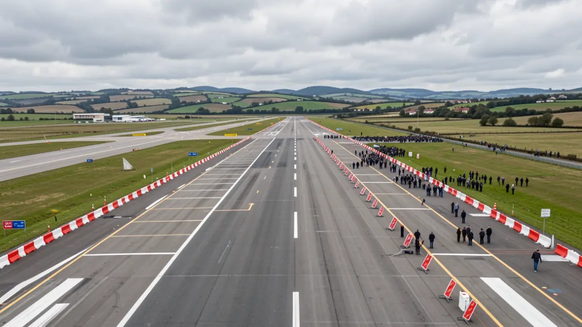 Vista aérea dunha pista de aeroporto con obras e barreiras, baixo un ceo nubrado.