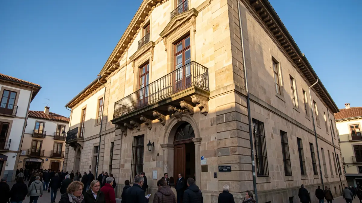 Imaxe xenérica dun concello galego de pedra con balcón ornamentado e raís de ferro, luz solar cálida da tarde proxectando sombras nas paredes de arenito, ceo azul, estilo fotográfico documental.