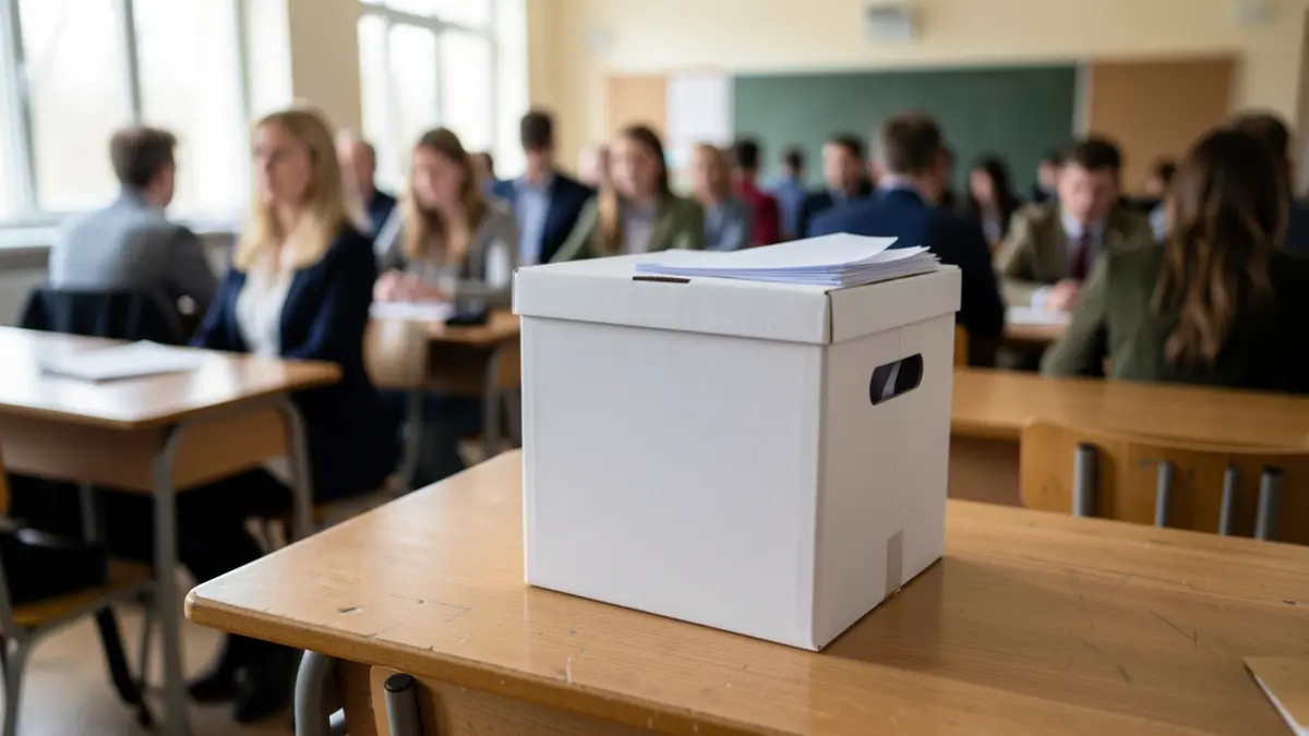 Imaxe dunha urna electoral nunha aula escolar.