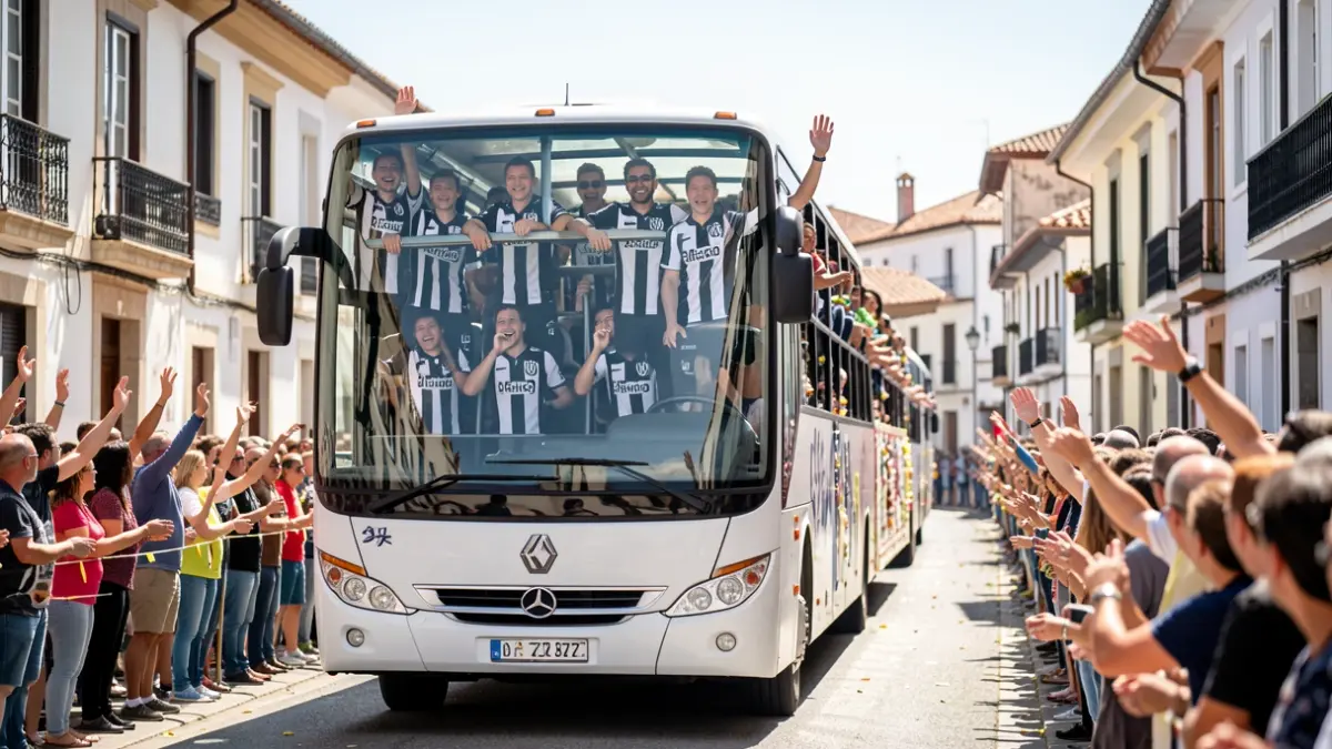 Imaxe dun desfile de celebración co equipo de fútbol Antela nun autobús descapotable, saudando aos afeccionados en Xinzo de Limia.