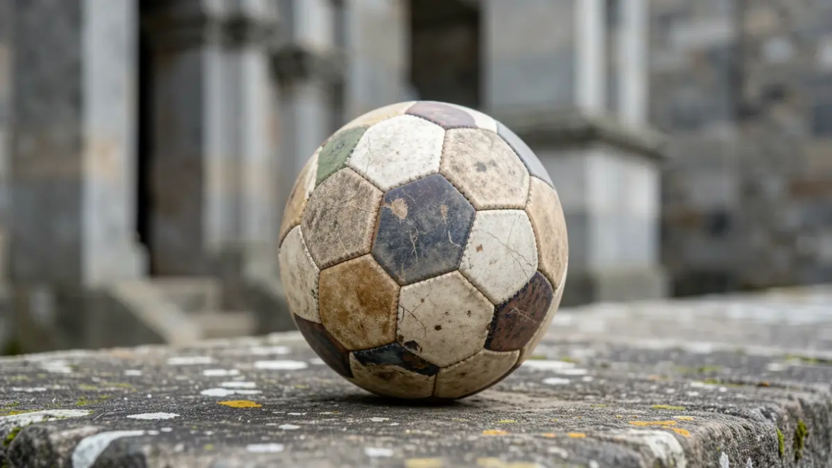 Primer plano de un balón de fútbol antiguo sobre piedra con arquitectura de granito gallega desenfocada.