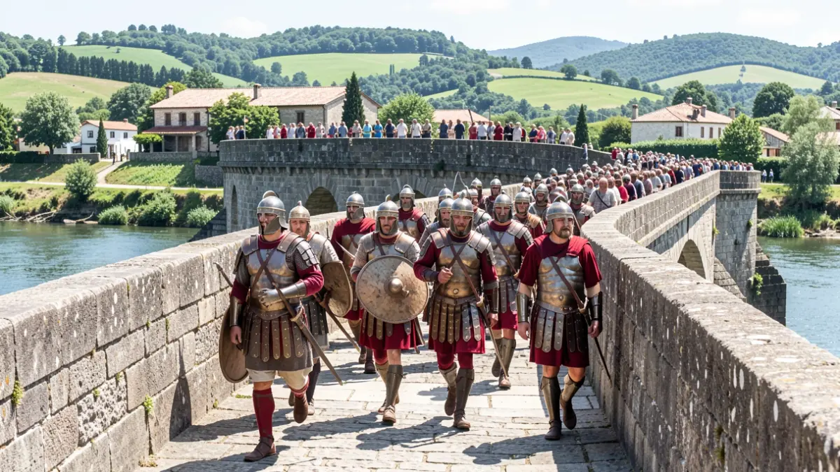 Imaxe xenérica de lexionarios romanos desfilando sobre unha ponte de pedra en Lugo.