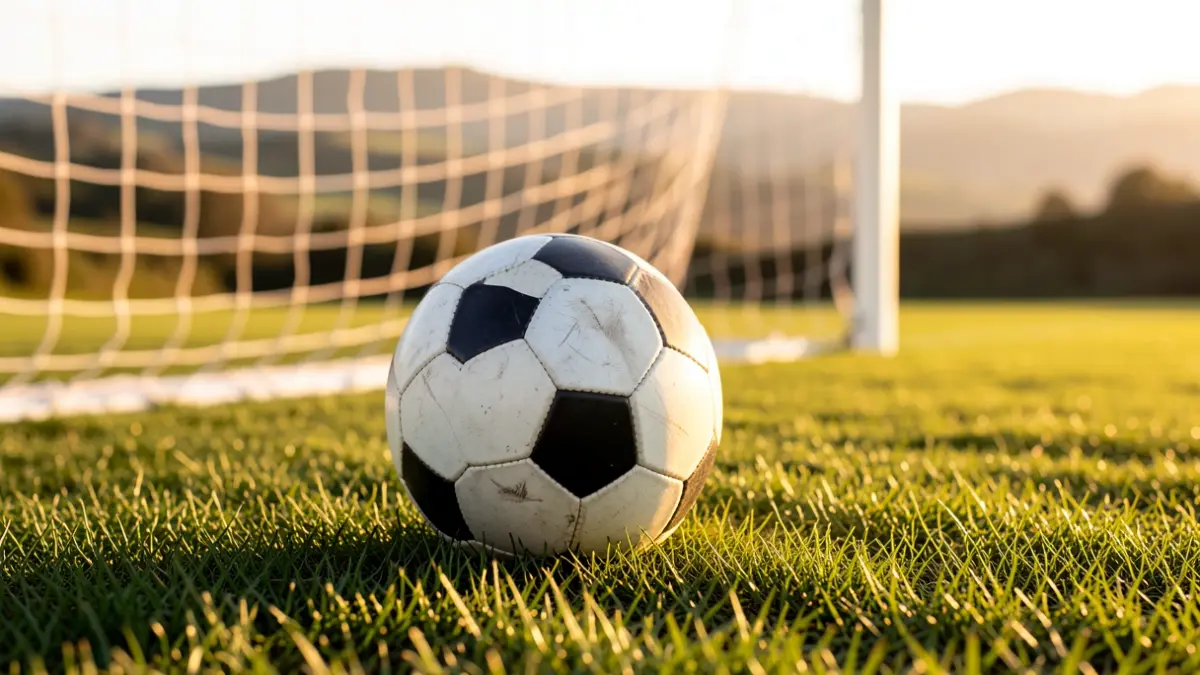 Imaxe xenérica dun balón de fútbol sobre herba cunha rede borrosa ao fondo.