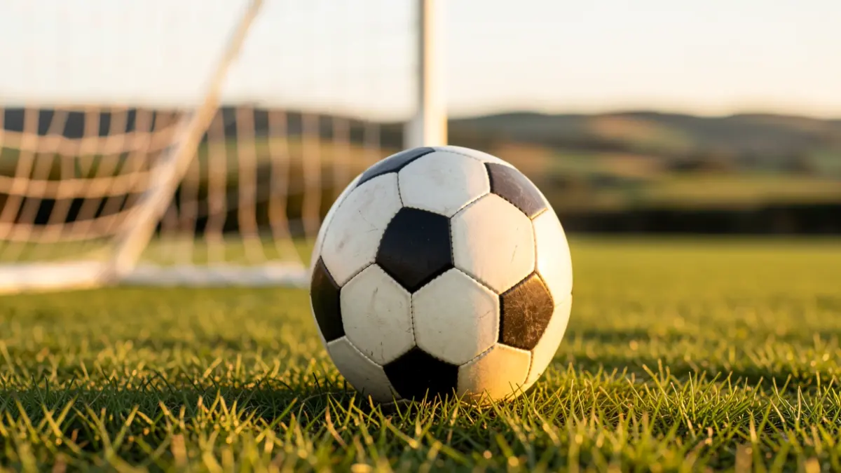 Imaxe xenérica dun balón de fútbol sobre herba cunha rede borrosa ao fondo.