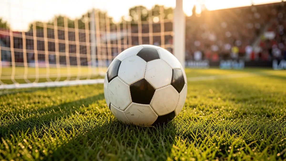 Imaxe xenérica dun balón de fútbol sobre o céspede dun estadio.