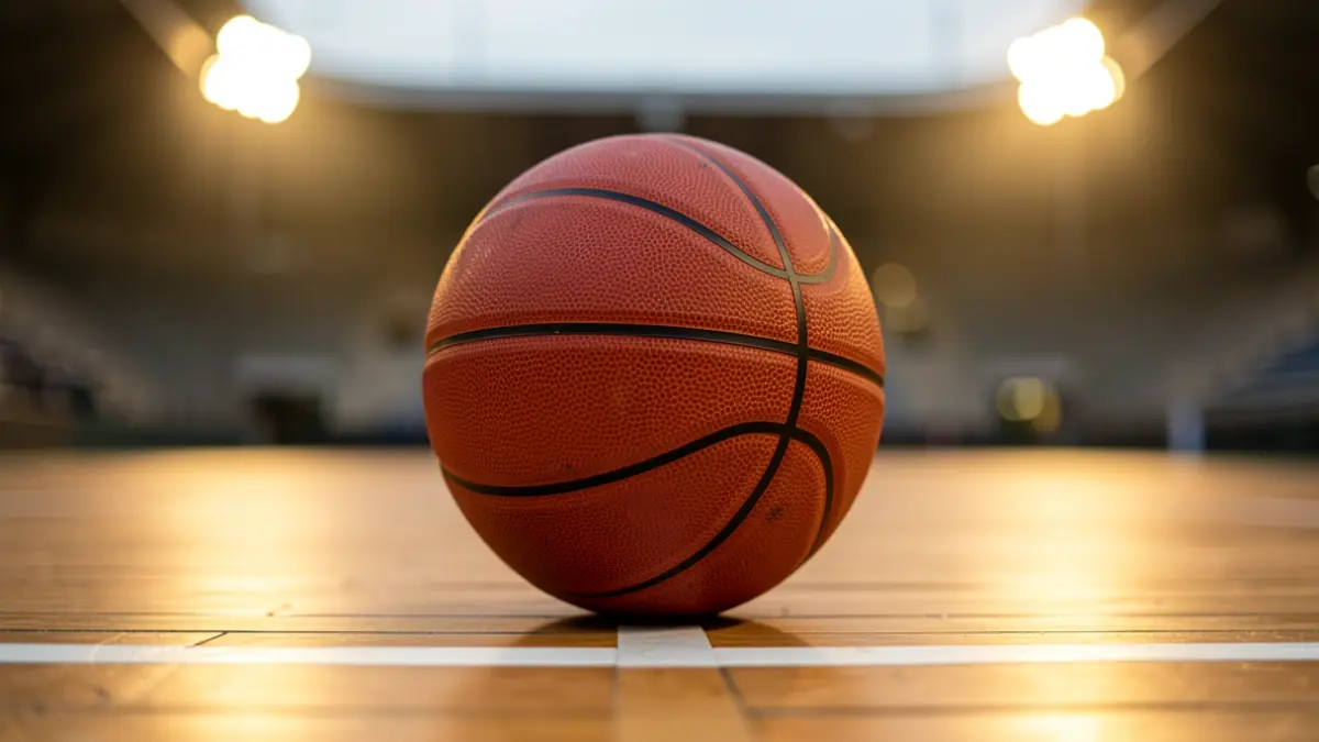 Imaxe xenérica dunha pelota de baloncesto nunha cancha.