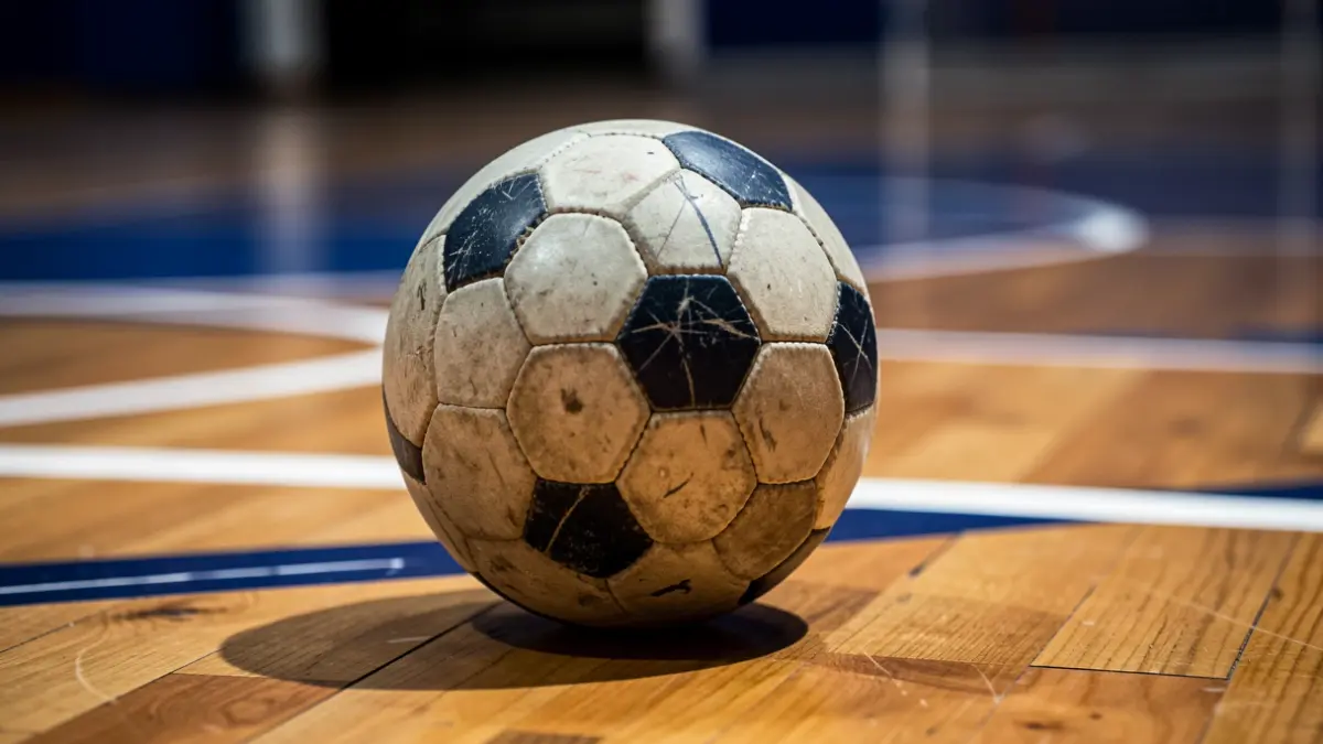 Imaxe xenérica dun balón de balonmán sobre unha cancha de madeira.